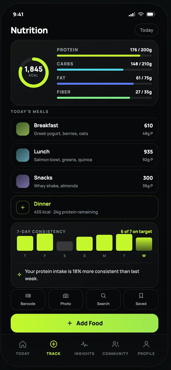 HUMN+ nutrition screen showing macros, logged meals and a seven-day consistency streak