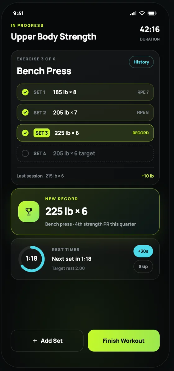 HUMN+ training screen showing a bench press session with sets logged and a rest timer