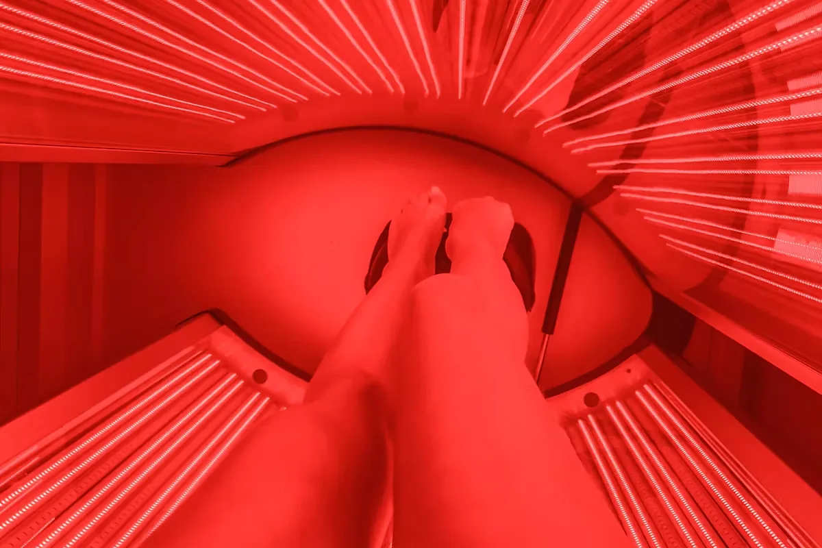 The inside of the LED and near-infrared red light bed, panels lit