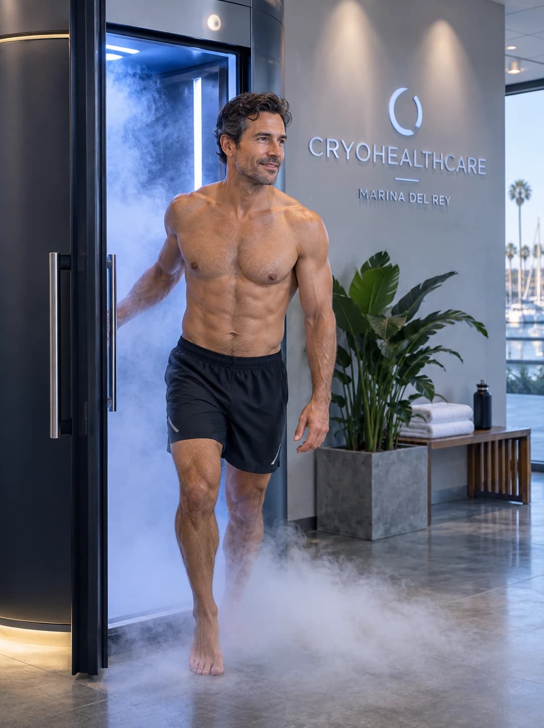 A client stepping out of the cryochamber into rolling fog, beside the Cryohealthcare Marina del Rey sign